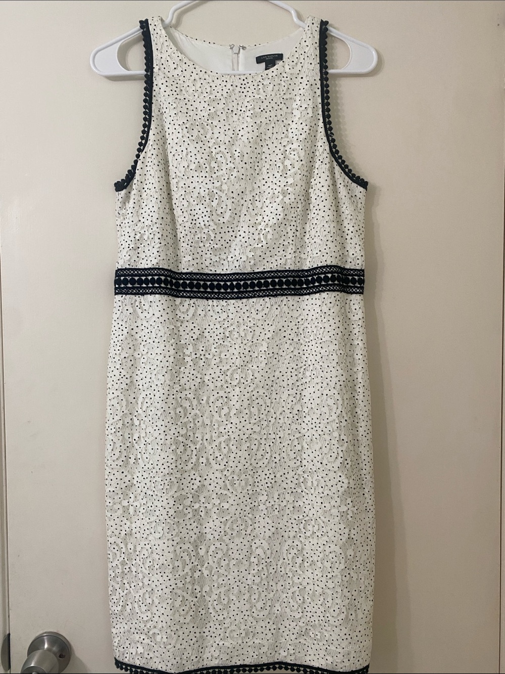 Ann Taylor White Lace Sheath Dress with Black Trim